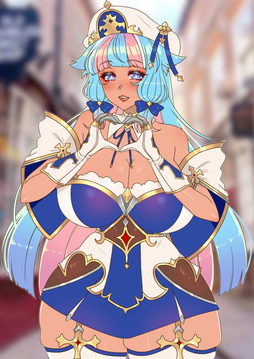 1girls bangs bare_thighs blue_eyes blue_hair breasts cleavage cryptid_crab curvy female female_only garter_straps heart-shaped_pupils heart_hands huge_breasts long_hair looking_at_viewer multicolored_hair original smile solo star-shaped_pupils thick_thighs thighhighs thighs very_long_hair voluptuous