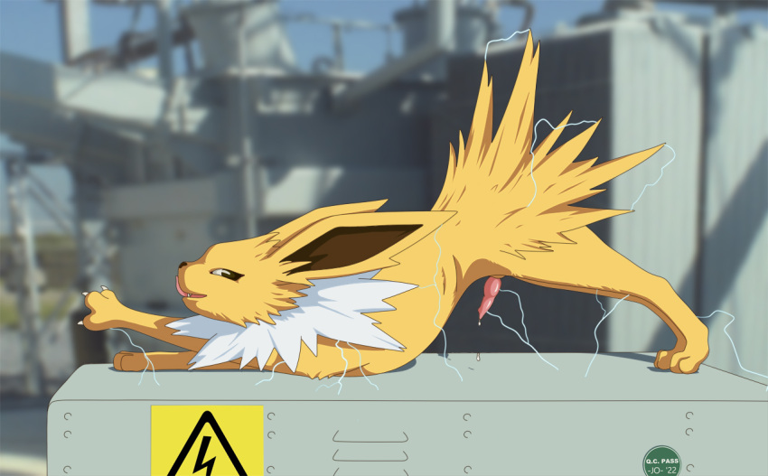 animal_genitalia animal_penis arched_back bodily_fluids brown_eyes canine_penis cel_shading claws_out danger_sign digital_media_(artwork) dripping eeveelution electricity electricity_manipulation electricity_on_penis electrostimulation elemental_manipulation erection feral fur genital_fluids genitals jo_(artist) jolteon looking_at_viewer male nintendo penis pokémon_(species) pokemon pokemon_only precum precum_drip shaded side_view small_penis solo stretching video_games white_body white_fur yellow_body yellow_fur