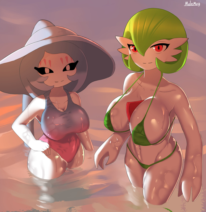 2girls :) athletic_female big_breasts bikini blue_hair chest_piece female female_focus gardevoir grey_fur hat hatterene in_water long_hair looking_at_viewer molemug one-piece_swimsuit pale_skin pokémon_(species) pokemon pokemon_(species) pokemon_only pokemon_rse pokemon_ss red_eyes short_hair size_difference smile swimsuit thick_thighs voluptuous water wet wet_body white_eyes white_skin