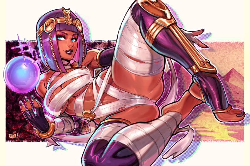 1girls bangs big_breasts blue_eyes bob_cut breasts capcom cleavage dark-skinned_female dark_skin egyptian feet feet_together female female_only high_resolution highres large_breasts legs_open legs_spread lipstick looking_at_viewer menat nail_polish open_legs painted_nails painted_toenails purple_hair purple_toenails reiq solo spread_legs stirrup_legwear stirrup_socks street_fighter street_fighter_v thighhighs toeless_legwear toenail_polish