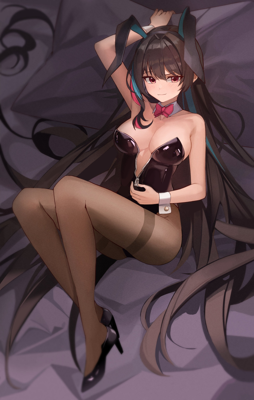 1girls 2022 armpits arms_up artist_request big_breasts black_hair blush bowtie breasts emma_llama hi_res huge_breasts indie_virtual_youtuber large_breasts leggings light-skinned_female light_skin long_hair pale-skinned_female pale_skin pillow streamer twitch twitch.tv twitch_streamer virtual_youtuber