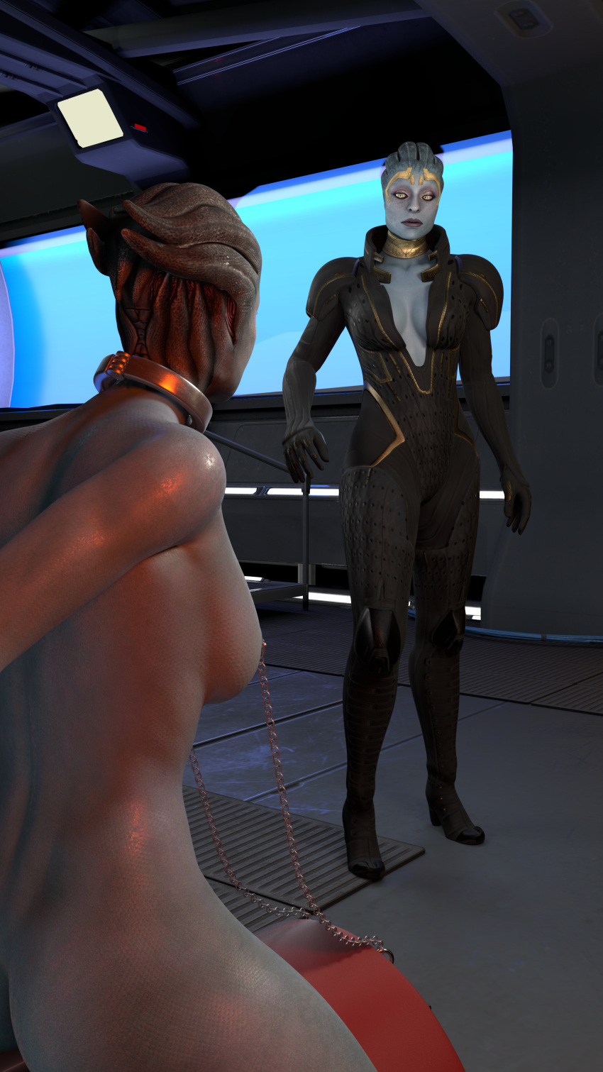 2girls 3d asari bondage chains collar cuffs effect female female_only mass_effect morinth nude penis piercing restrained rogat17 samara sex_machine tagme