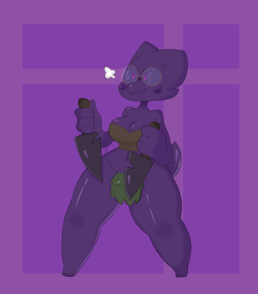 angry anthro cleavage creature curvy curvy_body curvy_figure funny glasses holding holding_knife kiykobold kiykobold_(character) knives kobold naked prostitute purple_skin round_breasts serial_killer small small_eyes thing wide_hips