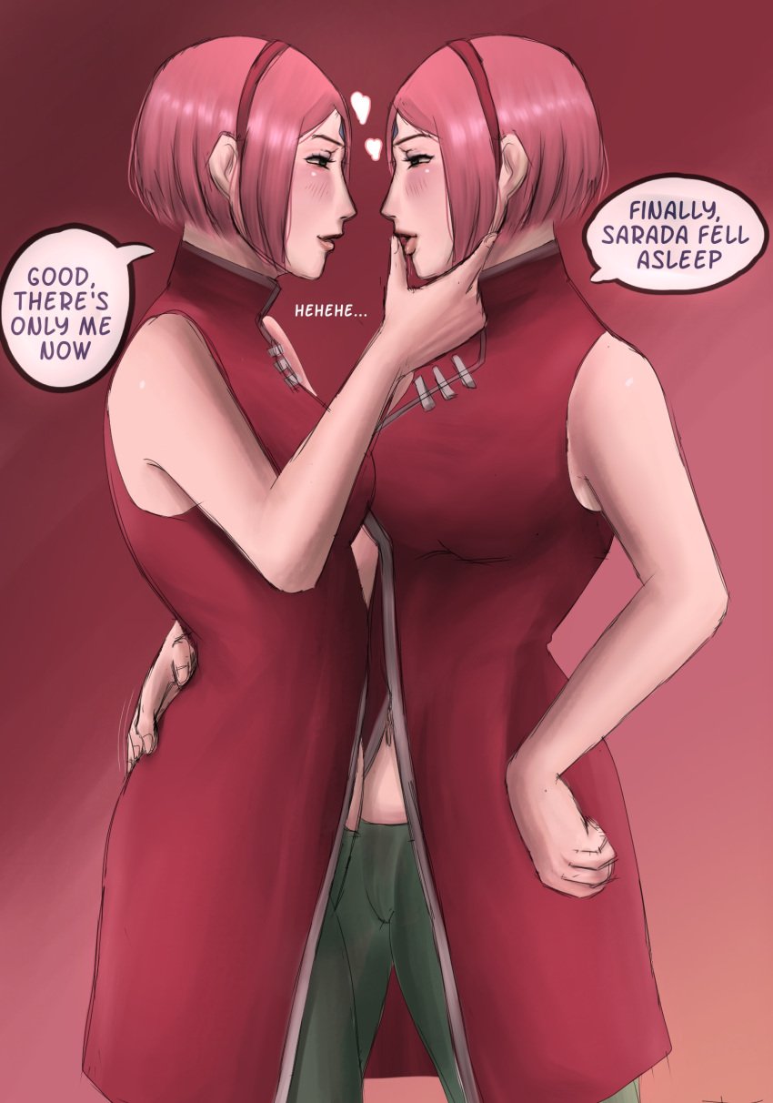 2girls bby_dvk blush boruto:_naruto_next_generations face_to_face female female/female female_only fully_clothed green_eyes imminent_kiss imminent_selfcest imminent_sex looking_at_another looking_at_partner milf multiple_girls naruto naruto_(series) pink_hair sakura_haruno selfcest short_hair speech_bubble talking talking_to_another text touching_face yuri