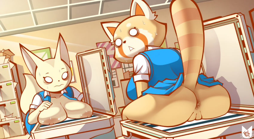 2022 aggressive_retsuko ailurid anthro anus areola ass big_areola big_breasts big_nipples bodily_fluids bottomless breasts canid canine caught duo embarrassed female fennec fenneko fox genitals hi_res inside looking_back mammal nipples office office_lady photocopier photocopying_breasts photocopying_butt photocopying_self pussy red_panda retsuko sanrio shocked signature straight_hair sweat sweatdrop tophatmahoney upskirt