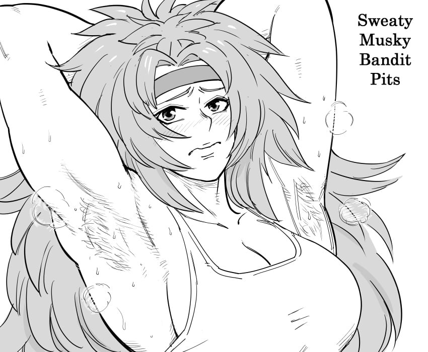 1girls armpit armpit_fetish armpit_focus armpit_hair armpit_pheromones armpit_sweat armpits arms_up bb_(baalbuddy) blush embarrassed english_text female female_only hairy_armpits large_breasts monochrome muscular muscular_female queen's_blade risty sexy_armpits solo solo_female steam steaming_body steamy_armpits sweat sweaty sweaty_armpits t-shirt text