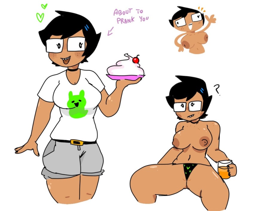 1girls ? accessory big_breasts bikini_bottom black_hair black_nails black_panties breasts brown_nipples buckteeth choker clothing dark-skinned_female dark_skin drink errorplush female female_focus female_only fingernails food freckles glasses homestuck homestuck^2 human june_egbert ms_paint_adventures nipples open_mouth pie rule_63 short_hair shorts smile solo text topless topless_female white_background wide_hips