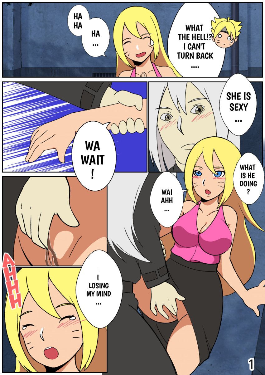 1boy 1boy1girl 1girls arm_grab blonde_hair blue_eyes blush boruko boruto:_naruto_next_generations canon_genderswap clothed_sex comic diogio dress finger_fuck fingering fingering_partner fingering_pussy gender_transformation genderswap_(mtf) hazel_eyes kirisaki_(boruto) male/female moaning naruto naruto_(series) nervous nervous_smile nervous_sweat no_panties rule_63 sex sexy_no_jutsu skirt smile speech_bubble talking text uzumaki_boruto white_hair