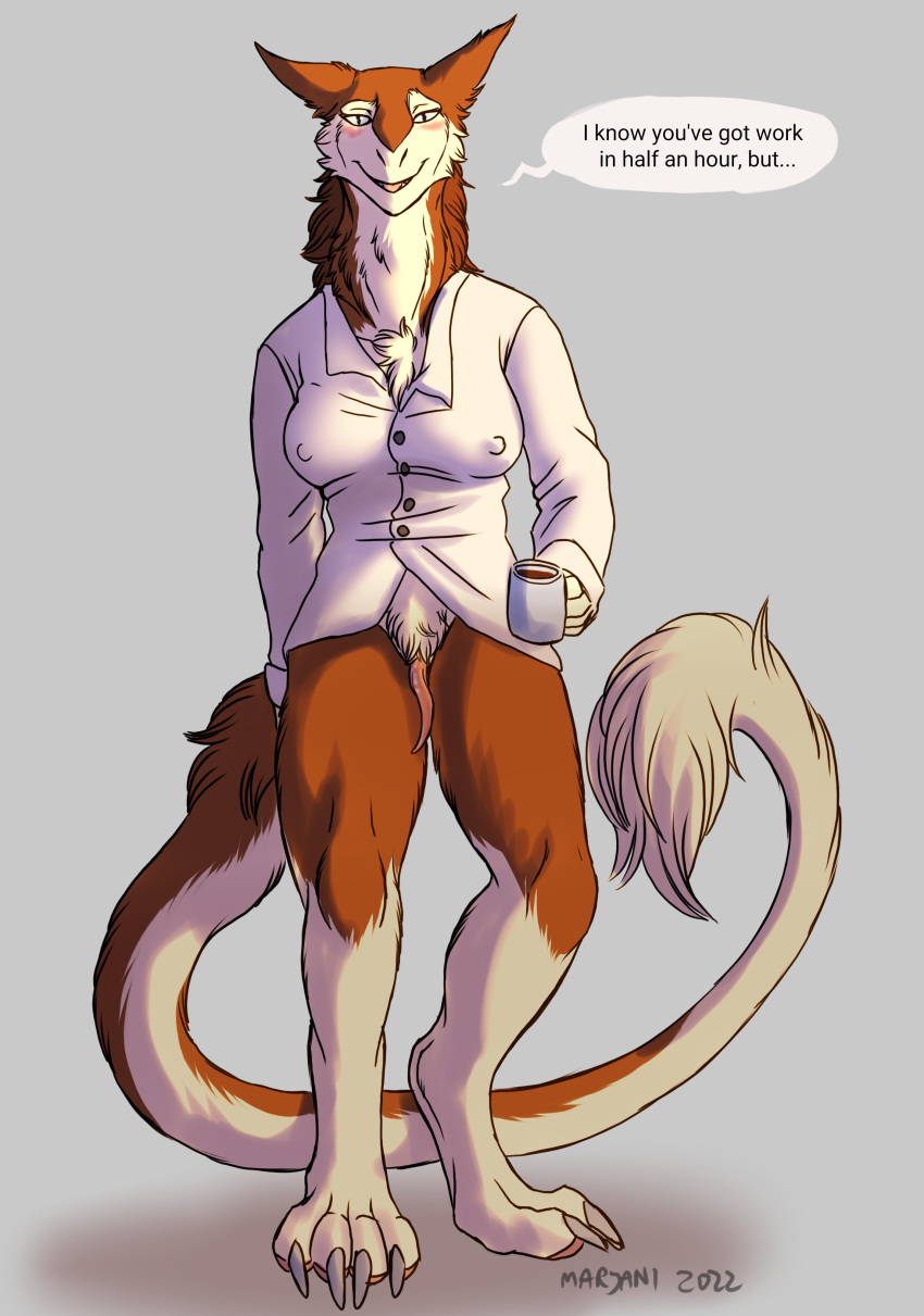 absurd_res anthro blush bottomless cheek_tuft chest_tuft claws clitoral_hood clothed clothing coffee_mug crotch_tuft digitigrade dress_shirt facial_tuft female full-length_portrait hi_res leg_markings looking_at_viewer marjani markings neck_tuft nipple_outline portrait prehensile_clitoral_hood sergal shirt simple_background socks_(marking) solo toe_claws topwear tuft