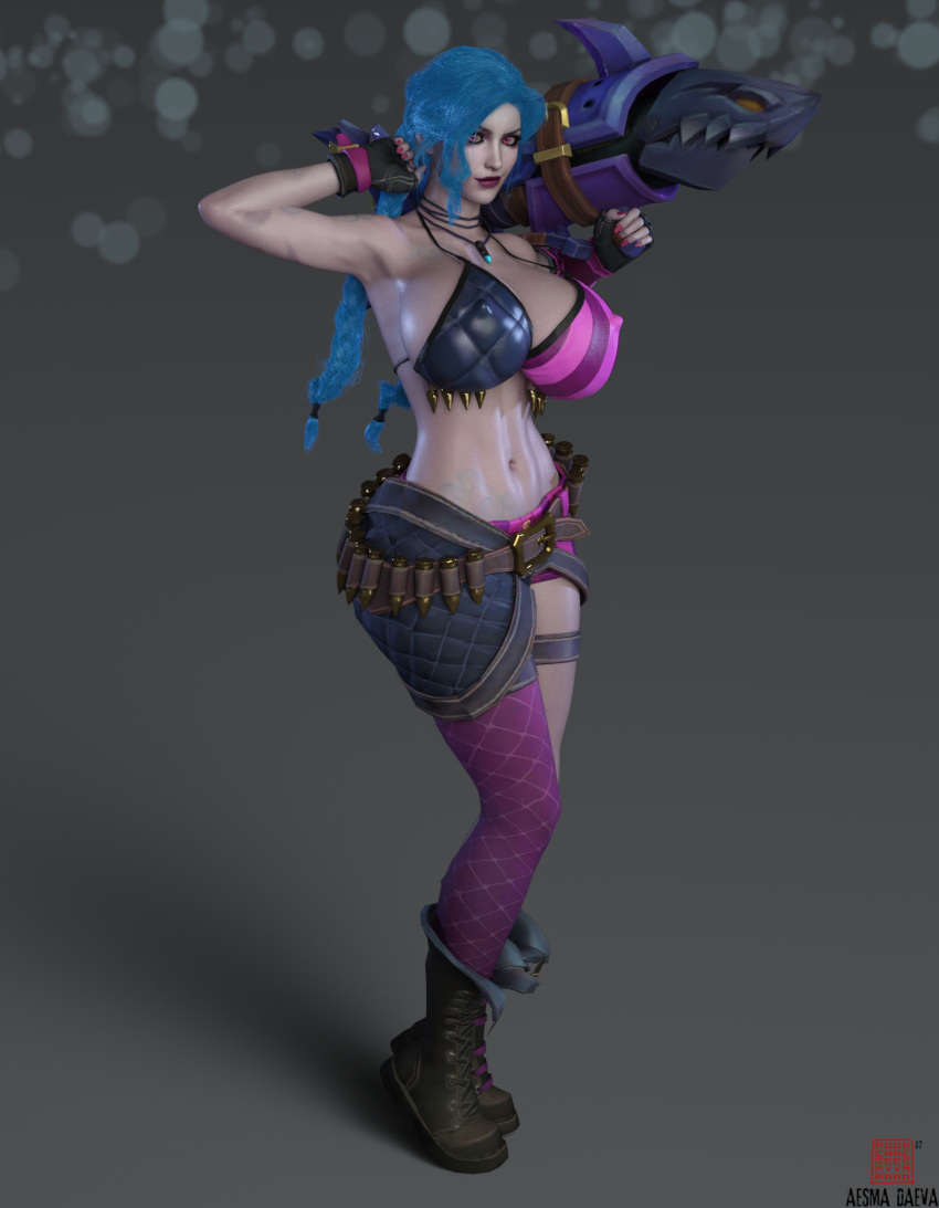 1girls 3d aesmadaeva37 alternate_ass_size alternate_breast_size belt blue_hair bolt_on_tits breast_implants daz_studio enhanced_breasts erect_nipples fake_breasts female huge_breasts jinx_(league_of_legends) league_of_legends long_hair looking_at_viewer pink_eyes silicone silicone_implants string_bikini twintails wide_hips