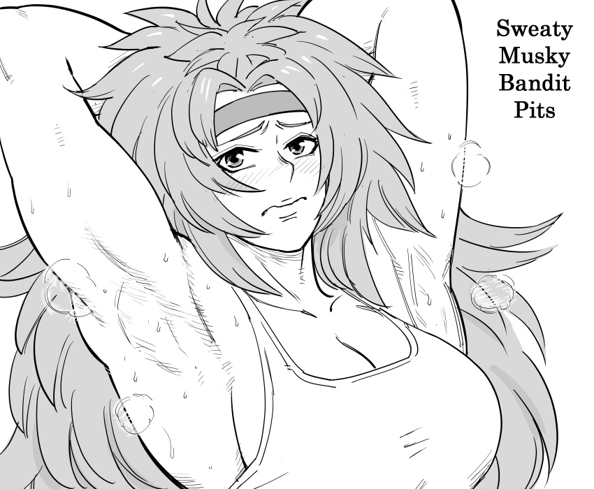 1girls armpit armpit_fetish armpit_focus armpit_pheromones armpits bb_(baalbuddy) embarrassed monochrome muscular muscular_female queen's_blade risty smelly_armpits steam steaming_body sweat sweatdrop sweaty_armpits