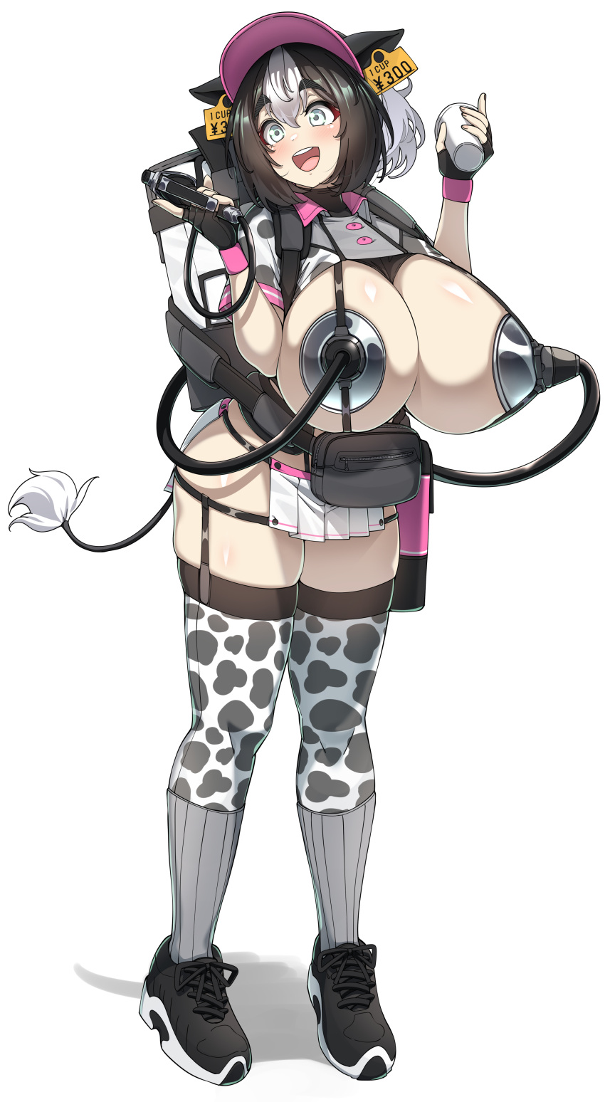 absurdres animal_ears animal_print backpack bag bangs black_hair blue_eyes blush breasts cleavage cow_ears cow_girl cow_girl_(konoshige) cow_print cow_print_thighhighs cow_tail crop_top cup curvy ear_tag eyebrows_visible_through_hair fanny_pack female fingerless_gloves full_body garter_belt garter_straps gloves hair_between_eyes happy highres huge_breasts konoshige_(ryuun) lactation microskirt milking_machine multicolored_hair no_bra open_clothes original revealing_clothes ryuun_(stiil) shiny shiny_hair shiny_skin shoes sidelocks skindentation skirt smile socks solo standing suspenders sweatband tail teeth thick_thighs thighhighs thighs tongue two-tone_hair white_background white_hair wide_hips