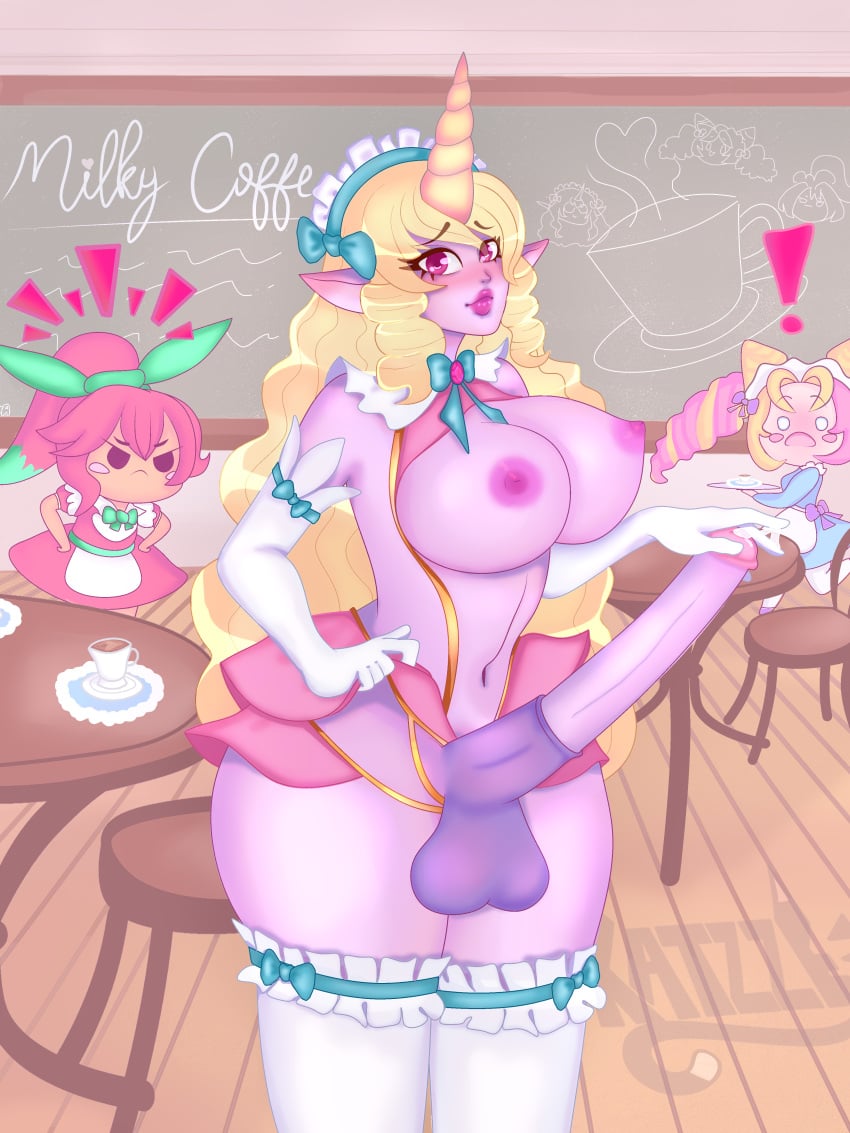 1futa 4katze animal_genitalia areolae balls big_breasts big_penis blonde_hair breasts cafe_cutie_gwen cafe_cutie_sivir cafe_cutie_soraka cafe_cuties_series clothing erect_penis erection futa_focus futanari gwen_(league_of_legends) horn horsecock horsecock_futanari huge_cock humanoid kemonomimi league_of_legends lingerie long_hair maid nipples nude penis public public_nudity purple_skin riot_games sivir solo_focus soraka standing thighhighs thighs visible_nipples waitress