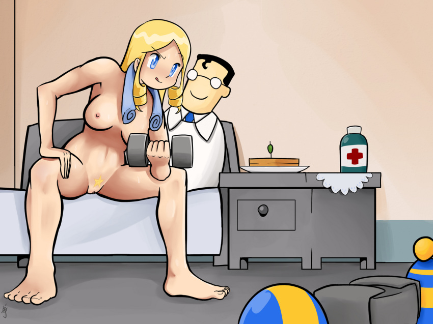 barefoot beige_skin blonde_hair blue_eyes breasts closed_mouth clothes color dumbbell eyewear female food front_view glasses hair heavy_weapons_guy human indoors jopereira male medic medic_(team_fortress_2) nude open_eyes pubic_hair pussy round_ears rule_63 sandwich sitting smile team_fortress_2 towel vulva weightlifting weights