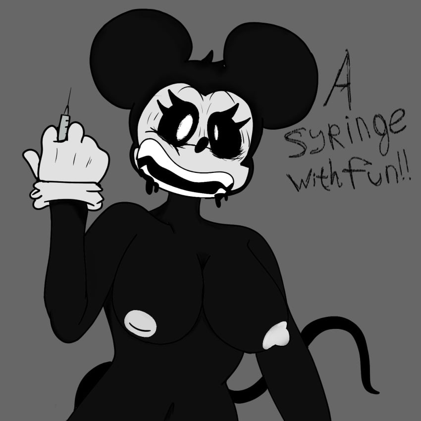 animal_nose breasts chara_wantrp crazy_eyes crazy_smile eyelashes fur furry glove insane_eyes mickey_mouse mouse mouse_ears nipples rule_63 suicidemouse.avi syringe tail text white_nipples white_pupils