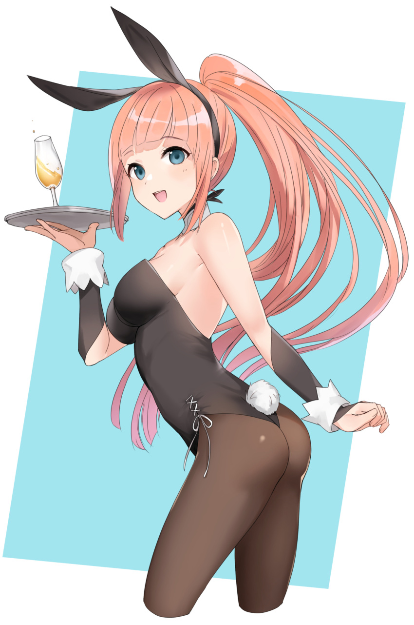 1girls alcohol alternate_costume ass bangs bare_shoulders blue_background blue_eyes breasts bunny_ears bunny_girl bunnysuit drink felicia_(fire_emblem) female female female_only fire_emblem fire_emblem_fates glass haru_(nakajou-28) highres leotard long_hair looking_at_viewer medium_breasts nintendo orange_hair pantyhose plate playboy_bunny ponytail smile solo very_long_hair waitress