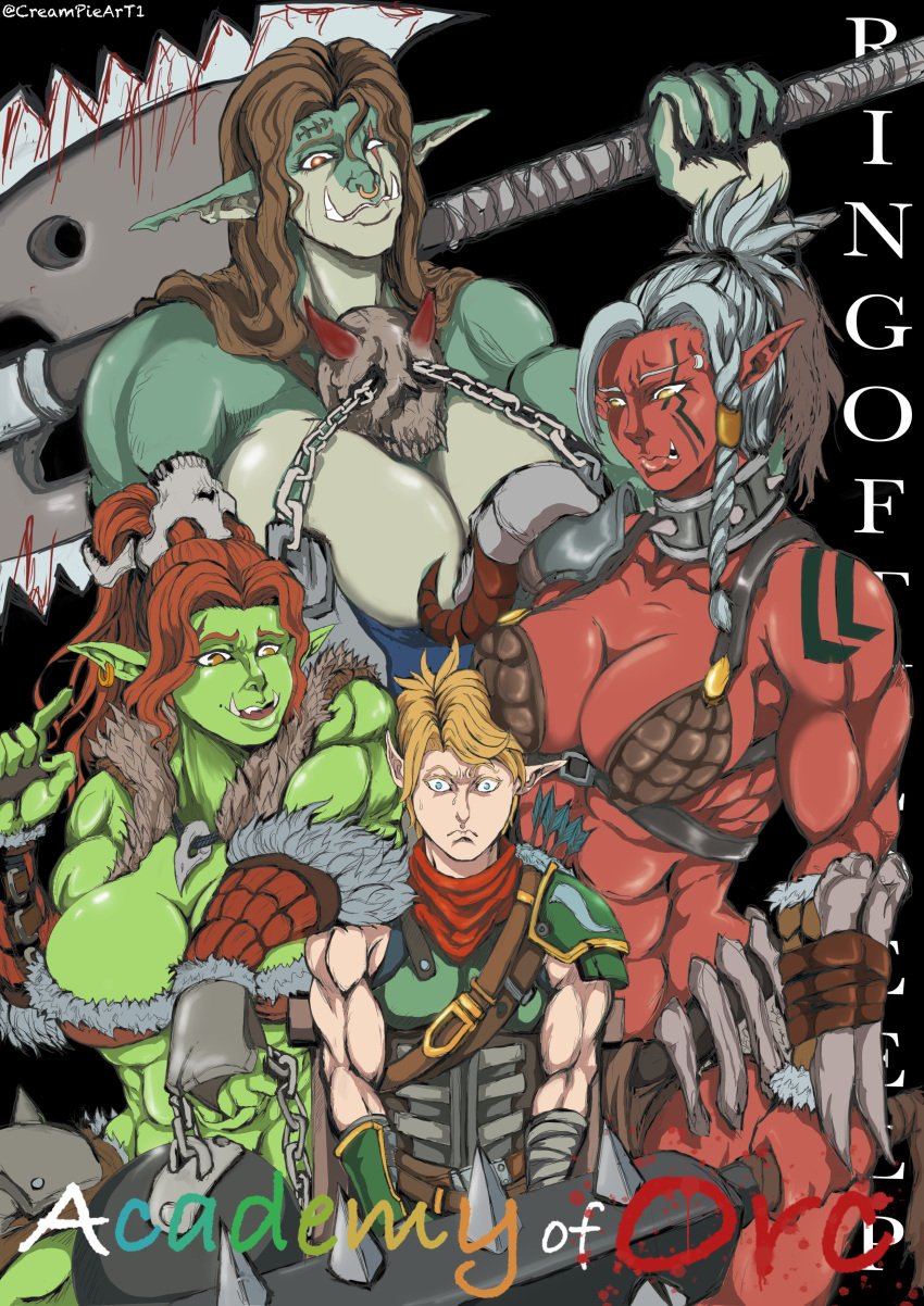 1boy 3girls creampieart1 elf elf_male female friemnir light-skinned_male light_skin male multiple_girls muscular muscular_female orc orc_female original_character original_characters tusks