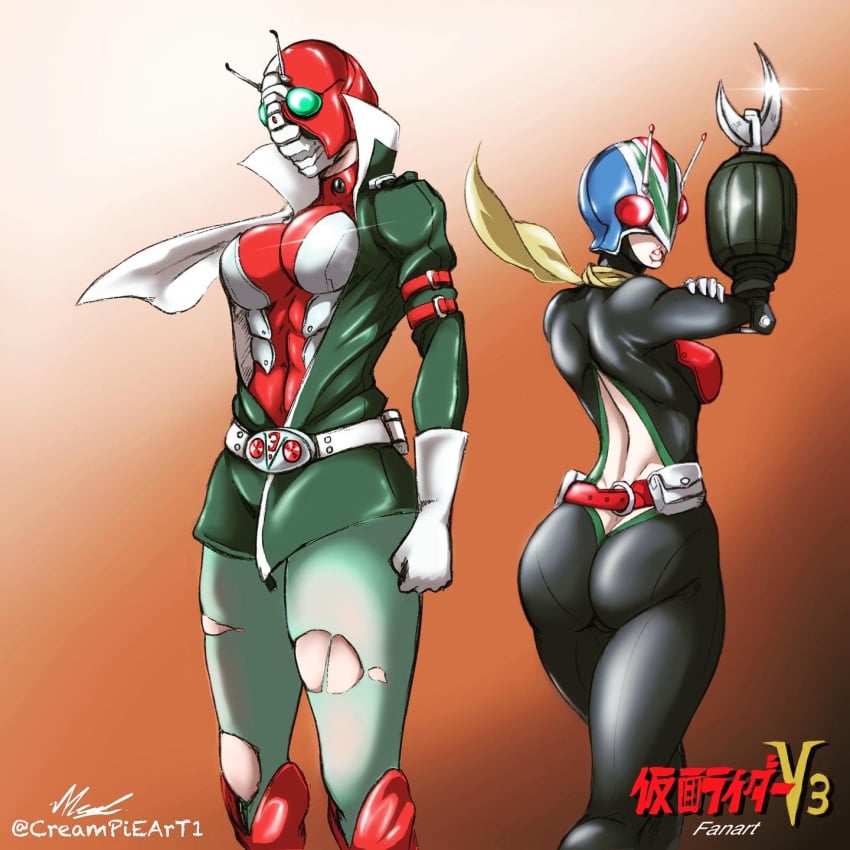 2girls armor bodysuit creampieart1 fanart kamen_rider kamen_rider_3 mask multiple_girls nonude