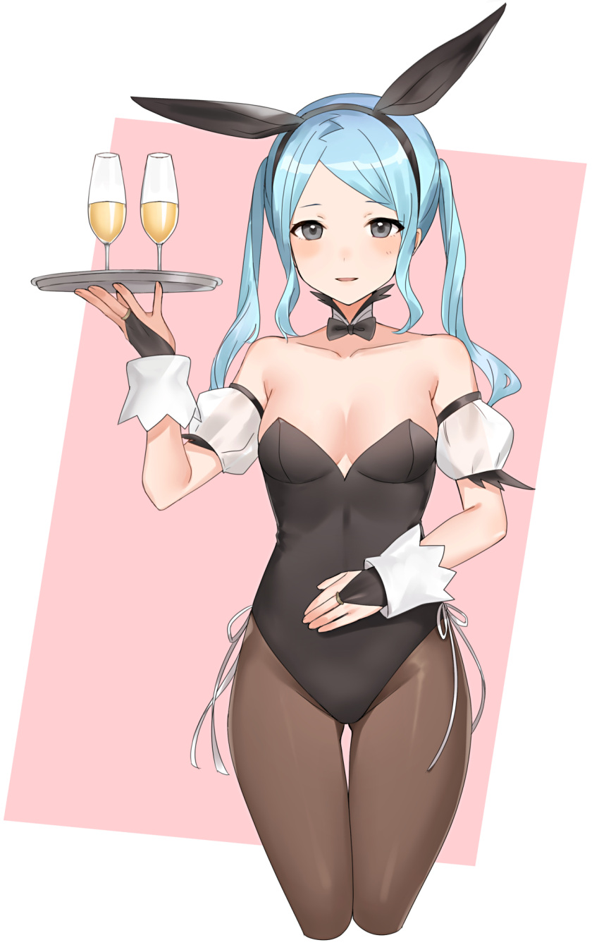 1girls alcohol alternate_costume bare_shoulders blue_hair breasts bunny_ears bunny_girl bunnysuit drink female female female_only fire_emblem fire_emblem_fates flora_(fire_emblem) glass grey_eyes haru_(nakajou-28) highres leotard looking_at_viewer nintendo pantyhose pink_background plate playboy_bunny short_hair small_breasts smile solo twintails waitress