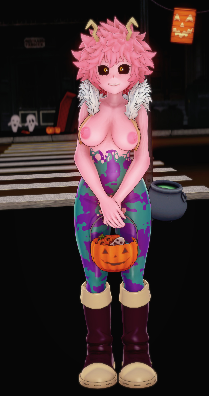 1girls 3d breasts exhibitionism female female_only full_body halloween hero_outfit_(mha) human koikatsu looking_at_viewer mina_ashido my_hero_academia night nipples outdoors outside pink_hair pink_skin poly_(artist) smile smiling street topless torn_clothes trick_or_treat