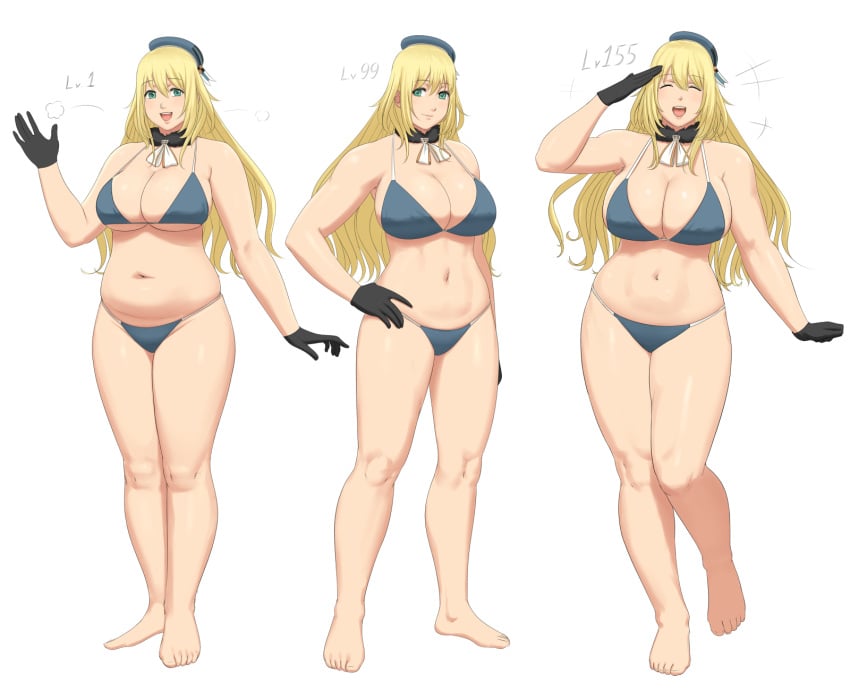 atago_(kantai_collection) belly bikini black_gloves blonde_hair blue_bikini breasts curvy female full_body gloves green_eyes hand_on_hip highres kantai_collection large_breasts long_hair lvl lvl_(sentrythe2310) multiple_views navel plump salute simple_background skindentation slightly_chubby smile swimsuit thighs white_background