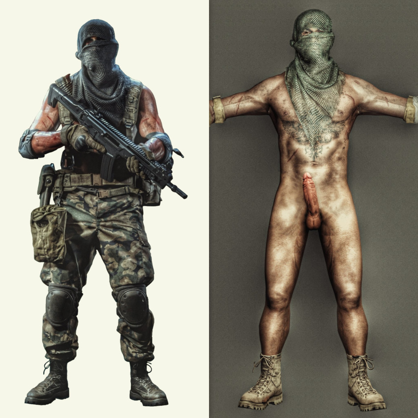 1boy bara black_ops black_ops_3 call_of_duty fight_boner gay gloves gun josef_krueger male male_only male_solo mask military modern_warfare muscular nude penis shemagh soldier solo tactical_gear warzone