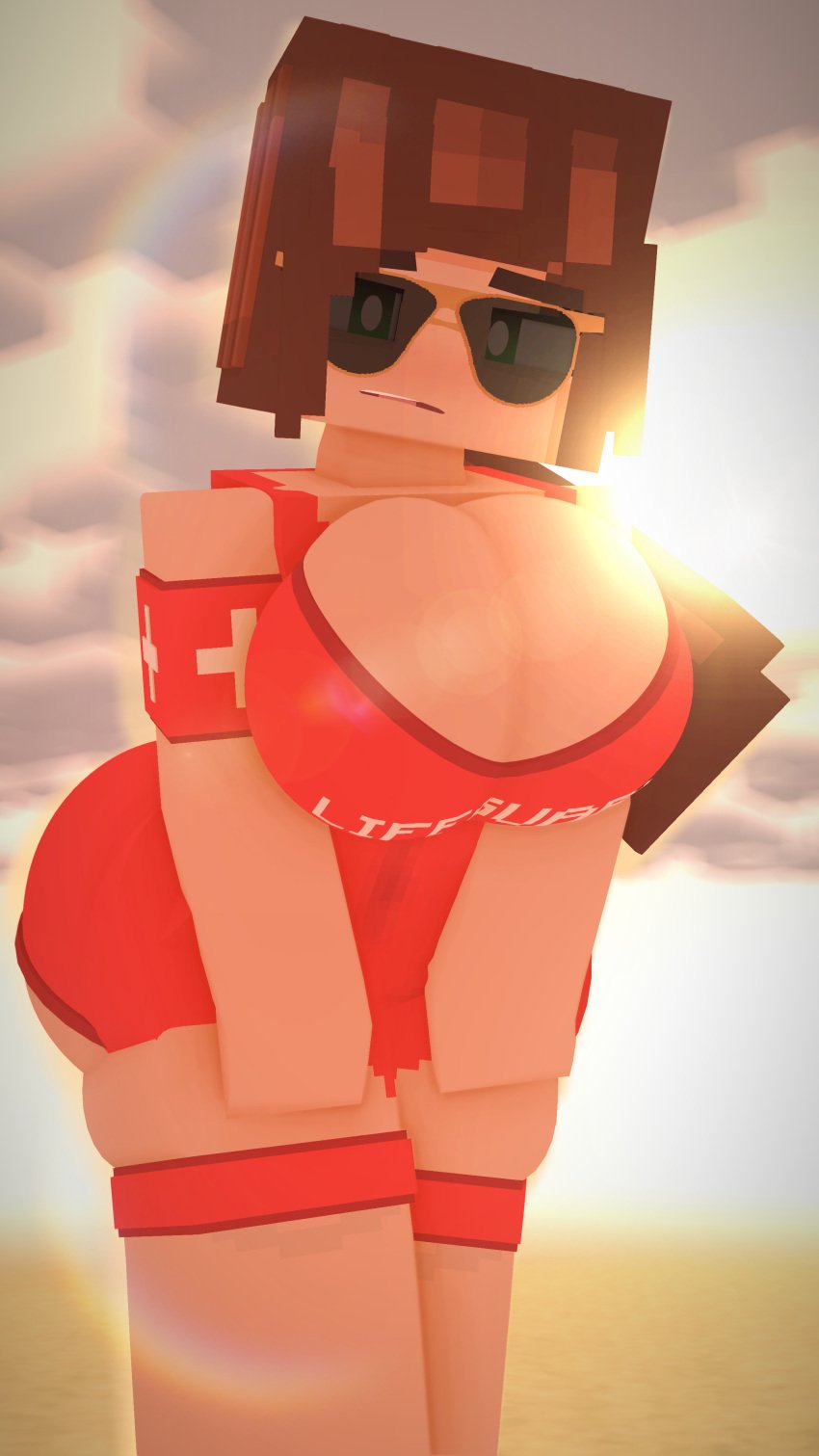 1girls 3d breasts brown_hair cuteskyler female female_only lifeguard looking_at_viewer mine-imator minecraft one-piece_swimsuit solo solo_female standing sunglasses swimsuit swimwear wearing_sunglasses