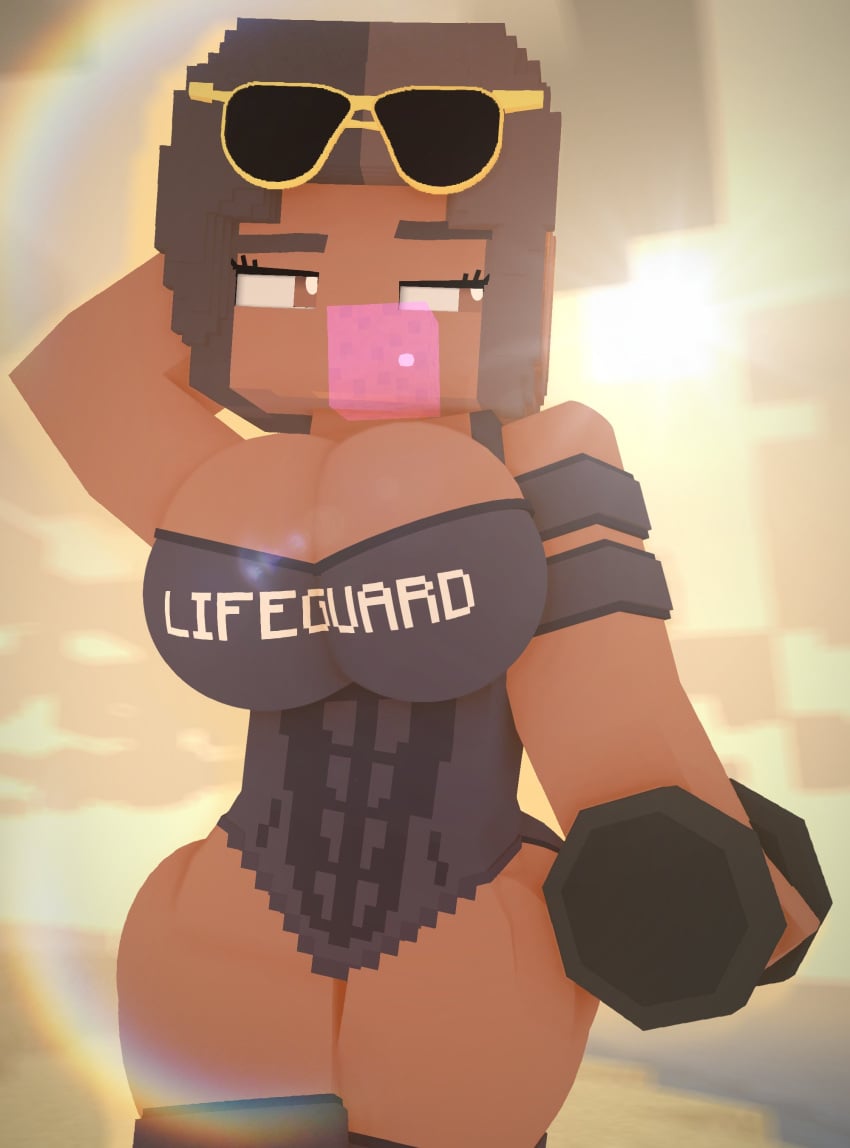 3d abs beach breasts brown_eyes bubble_gum cuteskyler dark-skinned_female dark_skin dumbbell female female_only holding_object lifeguard mine-imator minecraft one-piece_swimsuit sunglasses sunglasses_on_head swimsuit swimwear vanessa_mcloy