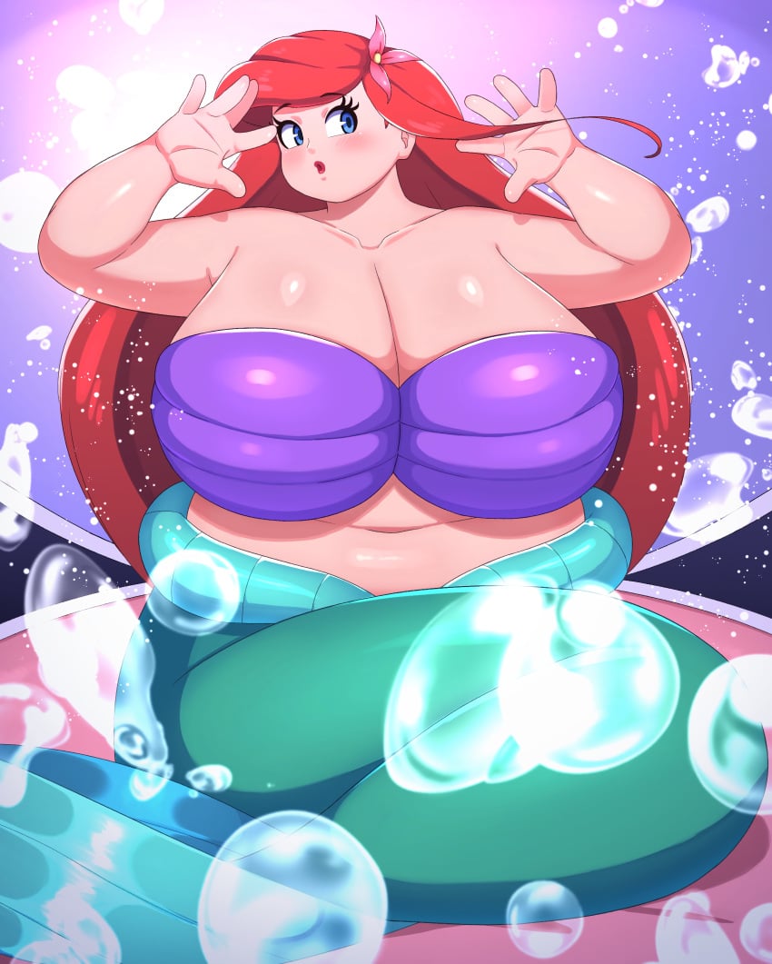 absurd_res accessory ariel arms_above_head bbw big_breasts blue_eyes bra braffy breasts bubble clothing disney disney_princess female flower flower_in_hair hair hair_accessory hi_res huge_breasts human mammal marine merfolk mermaid_tail navel pac-man_eyes plant purple_bra purple_clothing purple_underwear red_hair sea solo split_form the_little_mermaid underwater underwear water