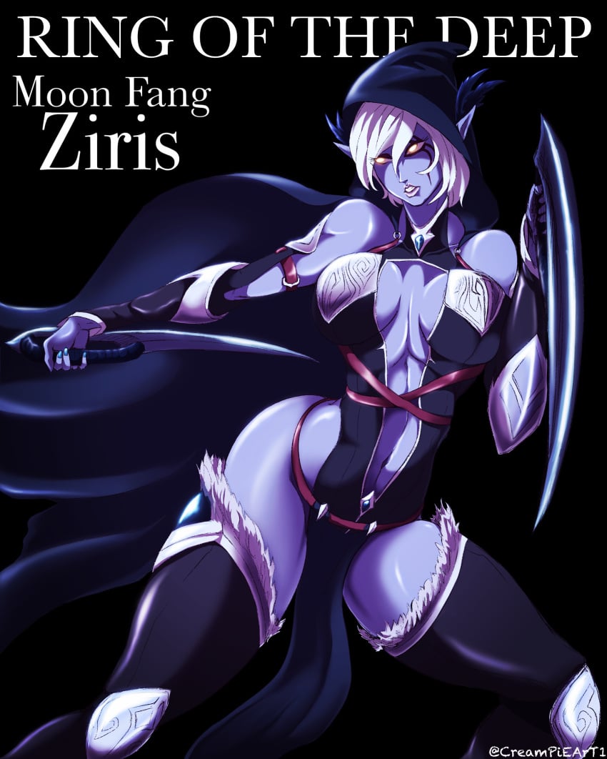 assassin blade blue_skin creampieart1 dark_elf dark_skin drow elf_ears female hoodie night_elf original original_character pointy_ears purple_skin thick_thighs warcraft ziris