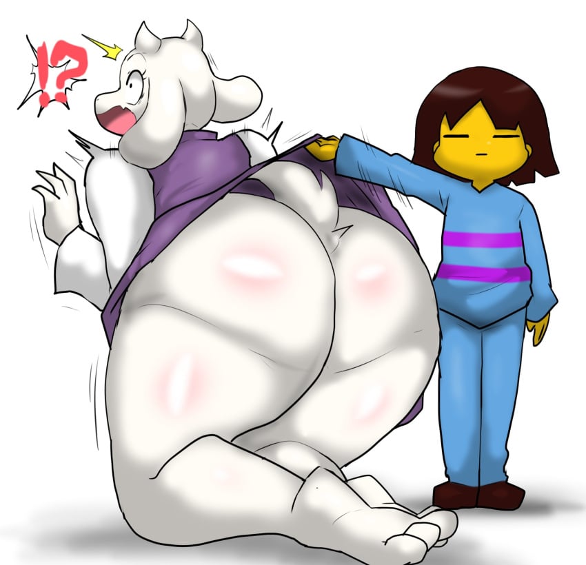 ! !? 1girls 2022 2people 3_toes ambiguous_gender anthro ass ass_focus assisted_exposure back_view big_ass big_butt big_ears bovid brown_hair butt_focus enigi09 female floppy_ears frisk full_body furry goat_horns long_ears open_mouth shocked skirt_lift surprised thick_thighs thighs toriel twitter undertale undertale_(series) yellow_skin