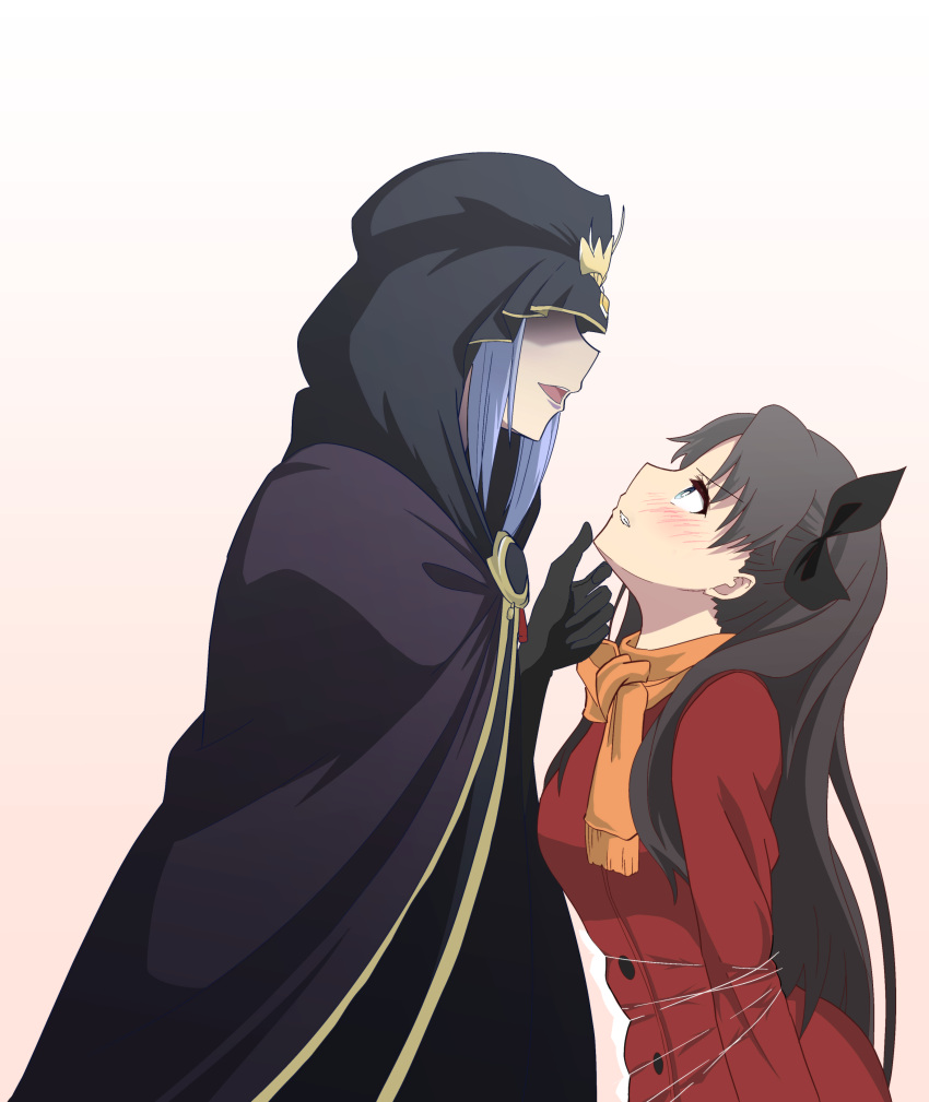 2girls alternate_version_available angry arms_pinned black_hair blue_eyes blush bondage bow buttons captured captured_heroine caster_(fate/stay_night) cloak fate/stay_night fate_(series) femdom femsub gritted_teeth hair_ornament hand_under_chin hidden_eyes holding_chin jacket kidnapped looking_at_another looking_down_at_partner medea_(fate) purple_hair resisting scarf shadowy_eyes simple_background string surprised symbol tied tohsaka_rin turban upset yuri ze_r0_ze_r0