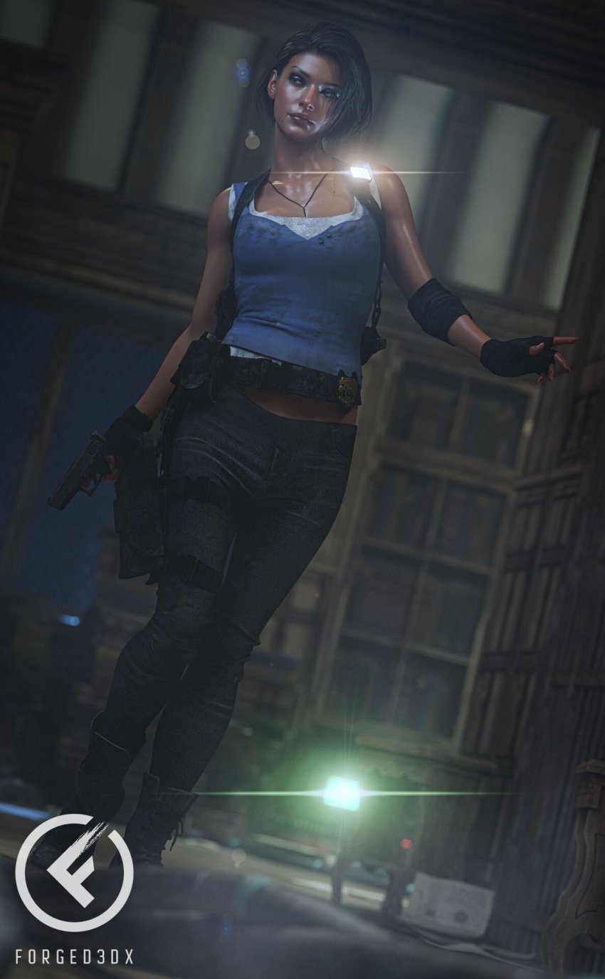 1futa 3d artist_logo artist_name bulge capcom clothed clothing depth_of_field fanart fingerless_gloves forged3dx futa_only futanari gloves gun holding_gun holding_object holding_weapon indoors jill_valentine jill_valentine_(sasha_zotova) light-skinned_futanari light_skin medium_breasts necklace police_badge resident_evil resident_evil_3 resident_evil_3_remake short_hair slushe_(website) solo