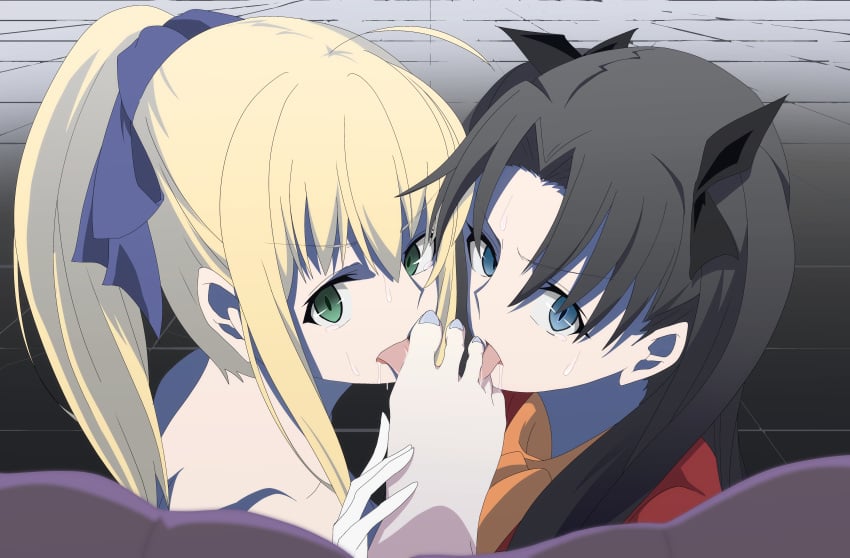 3girls bad_end bare_shoulders barefoot black_hair blonde_hair blue_eyes bow brainwashing caster_(fate/stay_night) cloak eyebrows eyebrows_visible_through_hair eyelashes fate/stay_night fate_(series) femdom femsub foot_fetish foot_focus foot_worship game_over gloves green_eyes hair_ornament heroine holding_foot hypnosis hypnotic jacket licking_foot looking_up_at_partner magic medea_(fate) mouth_open painted_toenails ponytail resisting saber sweat sweatdrop tears tied_hair tile_floor tohsaka_rin tongue_on_foot tongue_out upset ze_r0_ze_r0