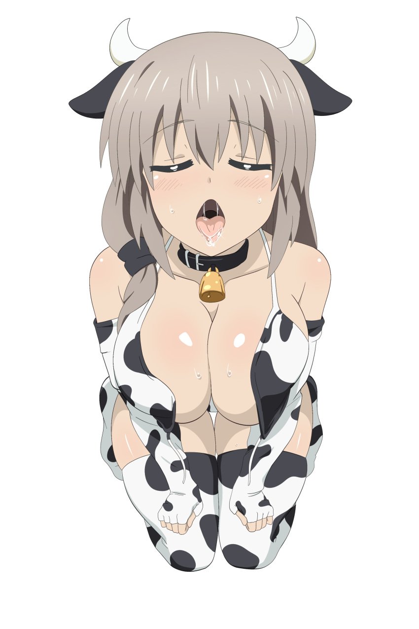 animal_print arm_gloves awaiting_cum bell big_breasts bikini breasts busty choker cleavage closed_eyes cow_ears cow_girl cow_horns cow_print cow_print_bikini drooling gloves grey_hair horns huge_breasts kneeling legwear long_hair mature mature_female milf on_knees open_mouth ponytail saliva sexually_suggestive side_ponytail sweat sweatdrop thighhighs thirsty tied_hair toes tongue tongue_out untied_bikini uzaki-chan_wa_asobitai! uzaki_tsuki voluptuous zorzero