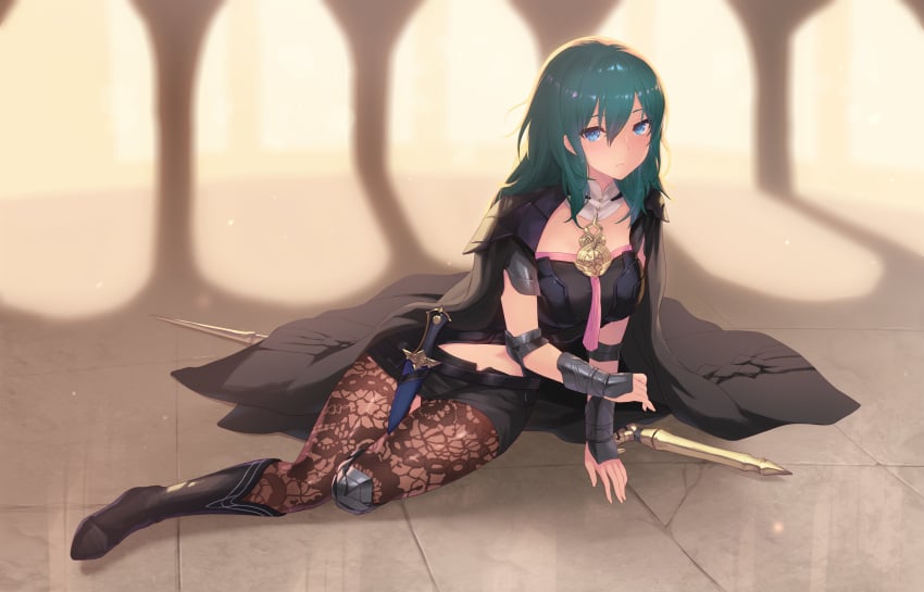 1girls absurdres arm_support armlet armor bangs black_armor black_cape black_legwear black_shorts blurry blurry_background blush boots breasts brown_legwear byleth_(fire_emblem) byleth_(fire_emblem)_(female) cait cape clothing_cutout detached_collar emblem eyebrows_visible_through_hair female female_only fire_emblem fire_emblem:_three_houses floral_print full_body green_eyes green_hair hair_between_eyes hand_in_hair hand_up highres leggings legwear_under_shorts long_hair looking_at_viewer medium_breasts midriff navel navel_cutout nintendo paid_reward pantyhose patreon_reward patterned_clothing print_legwear short_shorts shorts shoulder_armor sidelocks sitting smile solo tassel vambraces wrist_guards yokozuwari