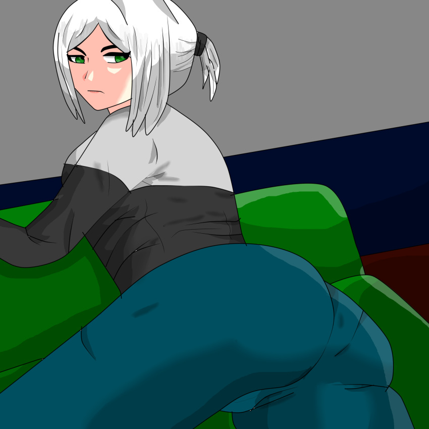 1girls calisty devil_trigger fully_clothed green_eyes jeans kennysparda(artist) light-skinned_female mei_calisty(devil_trigger) white_hair