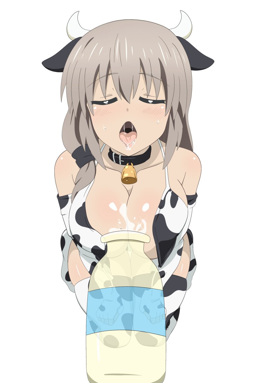 animal_print arm_gloves bell big_breasts bikini bottle breasts busty choker cleavage closed_eyes cow_ears cow_girl cow_horns cow_print cow_print_bikini drink drooling gloves grey_hair horns huge_breasts kneeling legwear long_hair mature mature_female milf milk milk_bottle on_knees open_mouth ponytail saliva sexually_suggestive side_ponytail sweat sweatdrop thighhighs thirsty tied_hair toes tongue tongue_out untied_bikini uzaki-chan_wa_asobitai! uzaki_tsuki voluptuous zorzero