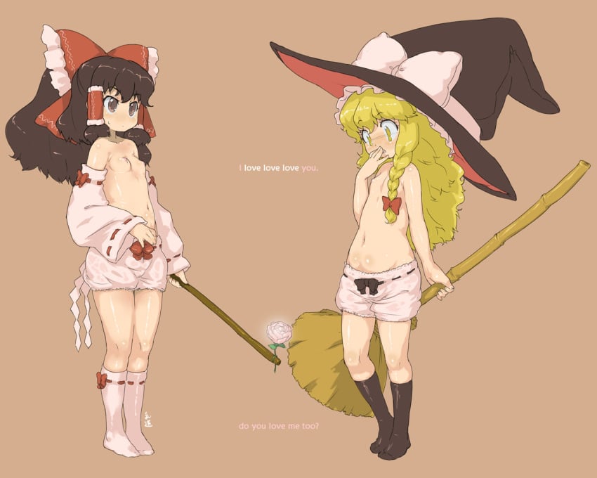 2girls 5:4_aspect_ratio black_socks blonde_hair bloomers broom brown_hair clothing english english_text female flat_chest flower hat headwear love_confession marisa_kirisame medium_breasts multiple_girls pettanko randou reimu_hakurei rose simple_background text topless touhou underwear white_bloomers witch_hat