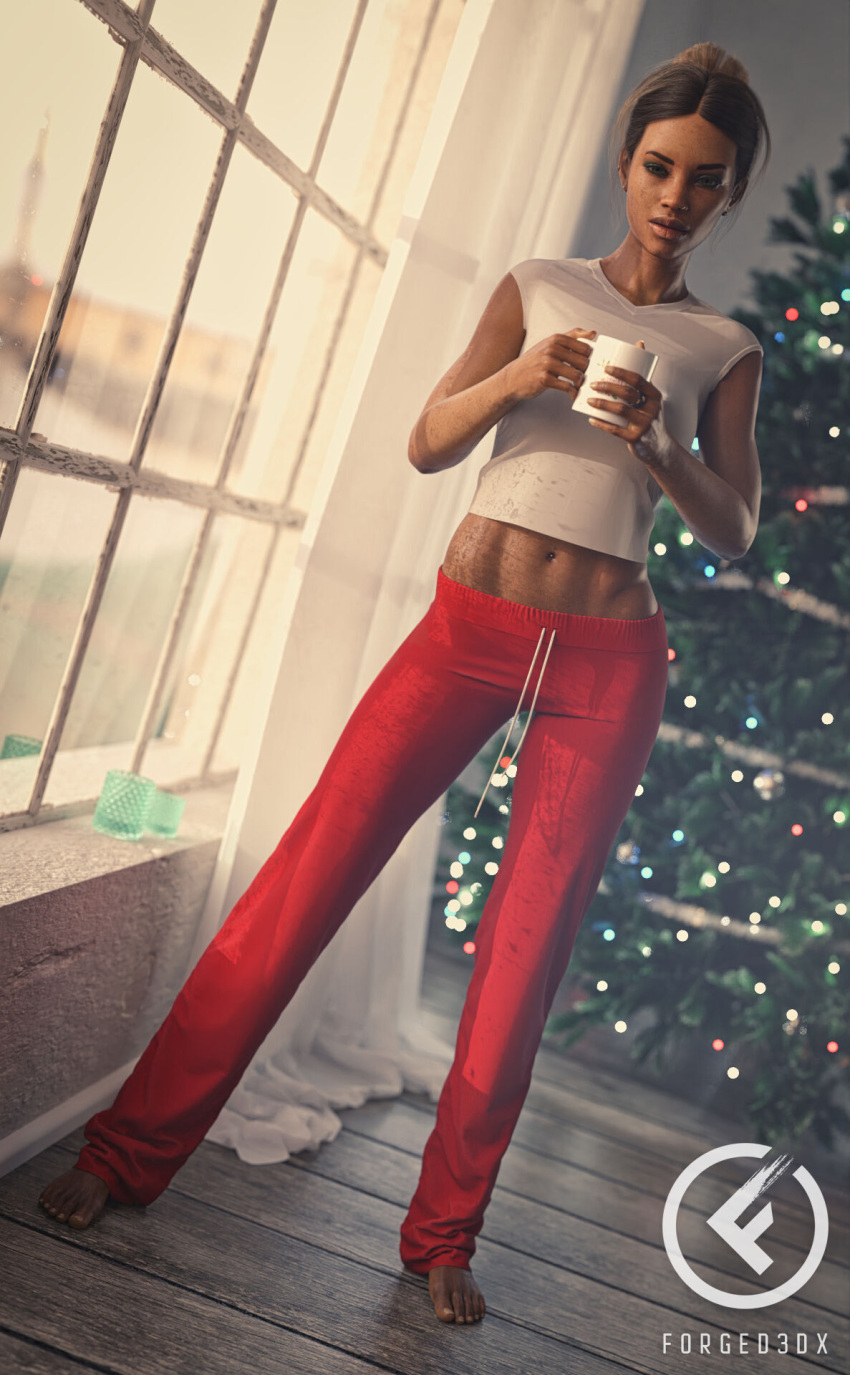 1girls 3d christmas christmas_tree clothed clothing dark-skinned_female dark_skin depth_of_field dutch_angle female female_only forged3dx indoors jordan_(forged3dx) looking_at_viewer medium_breasts original original_character slushe_(website) solo solo_female standing window