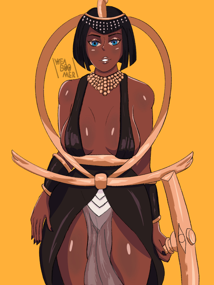 1girls black_hair blue_eyes bob_cut breasts dark-skinned_female dark_skin egyptian egyptian_clothes egyptian_headdress eliza_(skullgirls) female female_only short_hair skullgirls thick_thighs video_games weab00mer