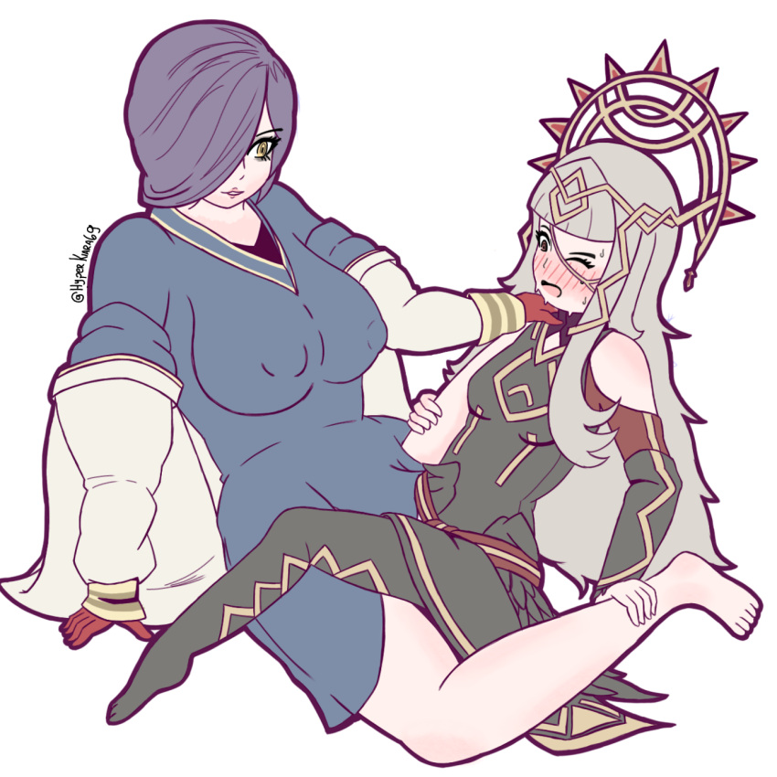 2girls alternate_version_available bangs bare_legs blush breasts brown_eyes clothed_sex clothed_tribadism covered_nipples female female_only fire_emblem fire_emblem_heroes grey_hair hair_over_one_eye hyperkiara69 kiran_(fire_emblem) kiran_(fire_emblem)_(female) large_breasts long_hair multiple_girls nintendo one_eye_closed open_mouth purple_hair red_eyes sex small_breasts smile sweat tribadism tribadism_through_clothing veronica_(fire_emblem) very_long_hair yellow_eyes yuri