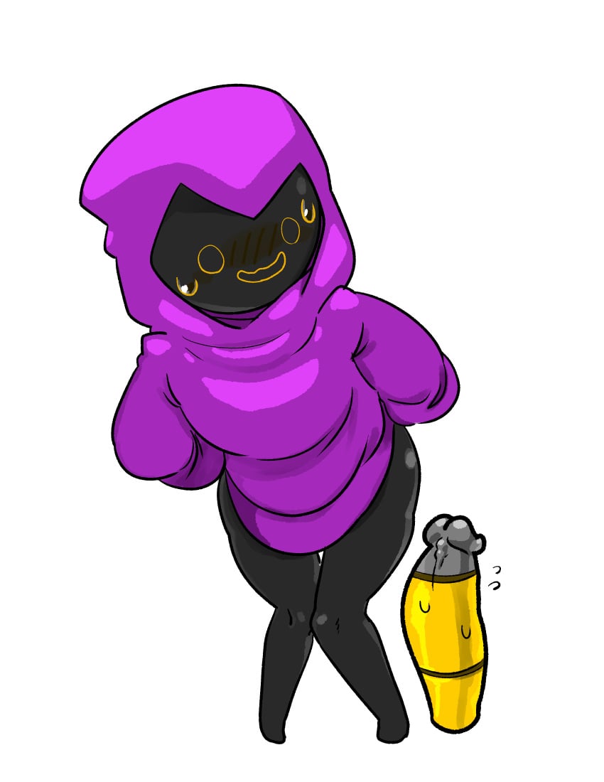 anthro bent_knees black_skin blush bullet_kin cloak ddguy devolver_digital dildo dodge_roll_games enter_the_gungeon female imminent_penetration lifting_clothing lifting_robe penis purple_cloak purple_robe robe standing sweating the_cultist_(enter_the_gungeon) wavy_mouth white_background yellow_face