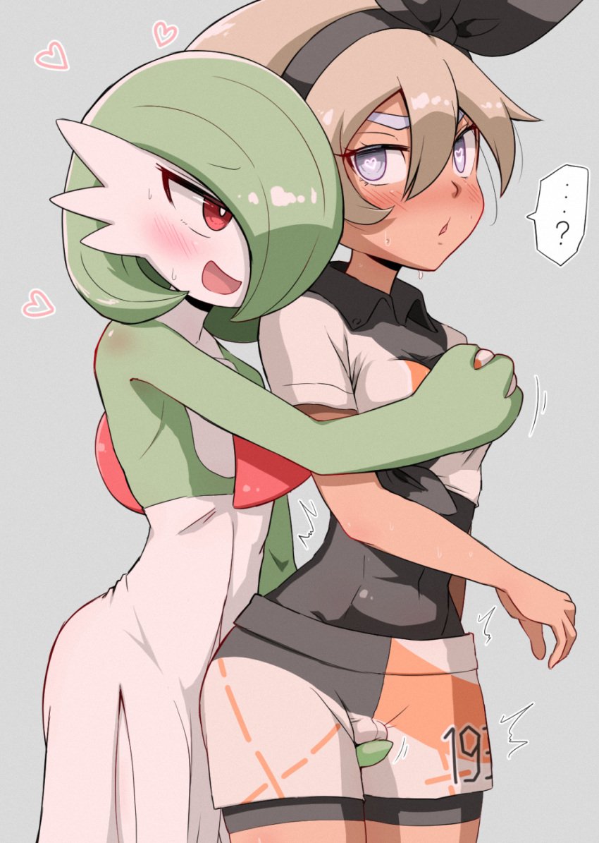 2girls anthro bangs bea_(pokemon) black_bodysuit black_hairband blonde_hair blush bodysuit bodysuit_under_clothes bow_hairband breast_grab breasts cameltoe collared_shirt commentary_request dark-skinned_female dark_skin female female_only fingering fingering_through_clothes flat_chest flat_chested gardevoir grabbing grey_background grey_eyes hairband heart heart-shaped_pupils highres interspecies kurachi_mizuki mind_control multiple_girls no_breasts on_model pokemon pokemon_(game) pokemon_(species) pokemon_ss print_shirt print_shorts shirt short_hair short_sleeves shorts symbol-shaped_pupils through_clothes yuri