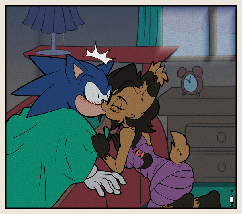 anthro ardan_norgate ass_up bed bedroom black_feet black_fur black_hair black_hands blanket blue_fur blush brown_fur clock dresser face_markings female female/male gloves green_blanket green_eyes green_floor hedgehog kissing kneeling lamp lynx male nicole_the_lynx sega sonic_(series) sonic_the_hedgehog sonic_the_hedgehog_(archie) sonic_the_hedgehog_(comics) suprised tagme tail_up window