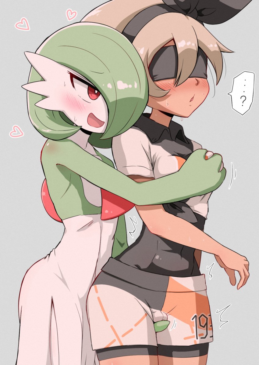 2girls anthro bangs bea_(pokemon) black_bodysuit black_hairband blindfold blonde_hair blush bodysuit bodysuit_under_clothes bow_hairband breast_grab breasts cameltoe collared_shirt commentary_request dark-skinned_female dark_skin female female_only fingering fingering_through_clothes flat_chest flat_chested gardevoir grabbing grey_background hairband heart highres interspecies kurachi_mizuki male_gardevoir multiple_girls no_breasts on_model pokemon pokemon_(game) pokemon_(species) pokemon_ss print_shirt print_shorts shirt short_hair short_sleeves shorts through_clothes yuri