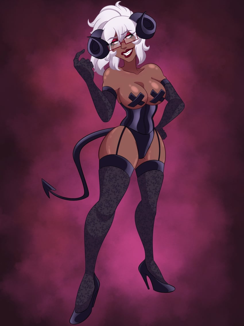 bare_thighs bearbuckscoffee black_pasties breasts dark-skinned_female dark_skin demon_girl dominatrix elbow_gloves female garter_straps gloves horns lipstick medium_breasts original pasties red_lips red_lipstick smile thighhighs thighs x_pasties