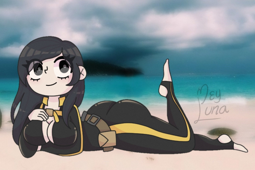 1girls beach black_eyes black_hair bodysuit catsuit cleavage clothing female female_focus female_only jpeg juna_(oc) juna_guerrero laying_down mey_luna01 outdoors posing prone prone_bone sand scuba signature smile solo wetsuit