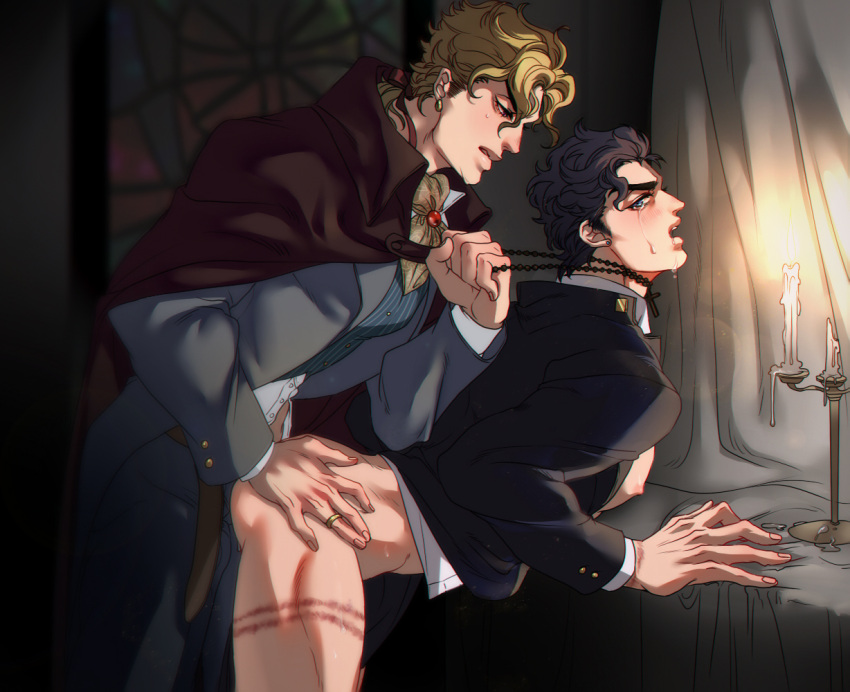 2boys anal ascot asphyxiation black_hair black_hair_bottom blonde_hair blonde_hair_on_black_hair blonde_hair_top bottomless candelabra cape choking_on_object clothed_sex cross cross_necklace dio_brando doggy_style domination gay jewelry jojo's_bizarre_adventure jotaro_kujo less_end light_hair_on_dark_hair male_focus male_penetrated male_penetrating_male multiple_boys necklace necklace_pull no_hat no_headwear phantom_blood priest ring sex stained_glass stardust_crusaders victorian wedding_band yaoi