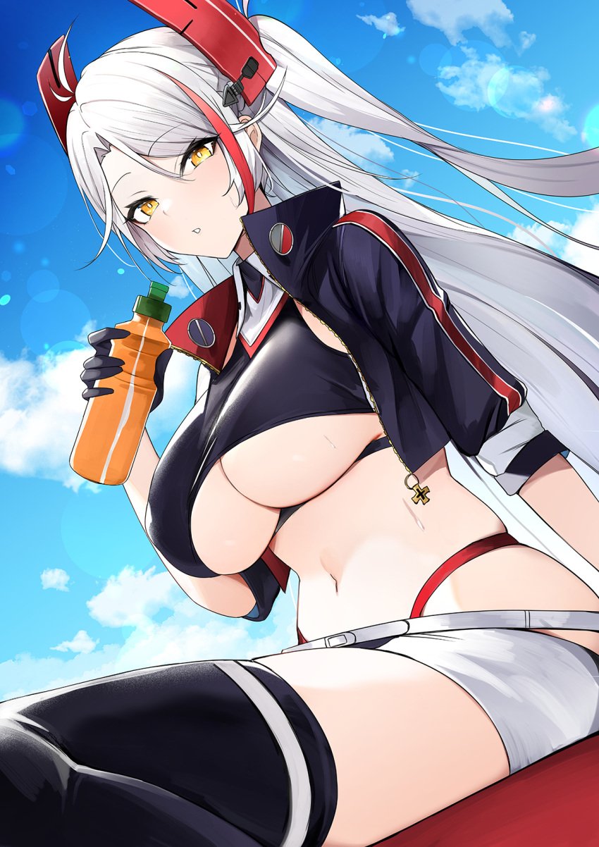 1girls 2022 alternate_version_available antenna_hair azur_lane bangs belt black_gloves black_jacket black_legwear black_shirt black_skirt blush breasts closed_mouth collarbone collared_shirt crop_top cropped_jacket cropped_shirt cross eyebrows_visible_through_hair female female_focus female_only floating_hair gloves groin hair_between_eyes half_gloves hand_up headgear hi_res highleg highleg_panties highres holding_object horns iron_cross jacket large_breasts long_hair looking_at_viewer luse_maonang microskirt multicolored_hair navel official_alternate_costume open_clothes open_jacket panties prinz_eugen_(azur_lane) prinz_eugen_(final_lap)_(azur_lane) race_queen red_hair red_panties red_potato_rinrin shirt short_sleeves sideboob sidelocks silver_hair simple_background sitting skirt sleeveless sleeveless_shirt smile solo solo_female stomach streaked_hair swept_bangs taut_clothes taut_shirt thighhighs two-tone_skirt two_side_up underboob underwear very_long_hair water_bottle white_belt white_hair white_skirt yellow_eyes zipper ✙